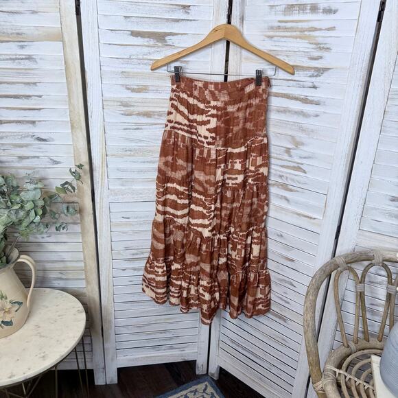 ULLA Johnson 0 Women's 100% Silk Aisa Tiered A Line Midi Skirt Fawn Ikat Print - Picture 7 of 16
